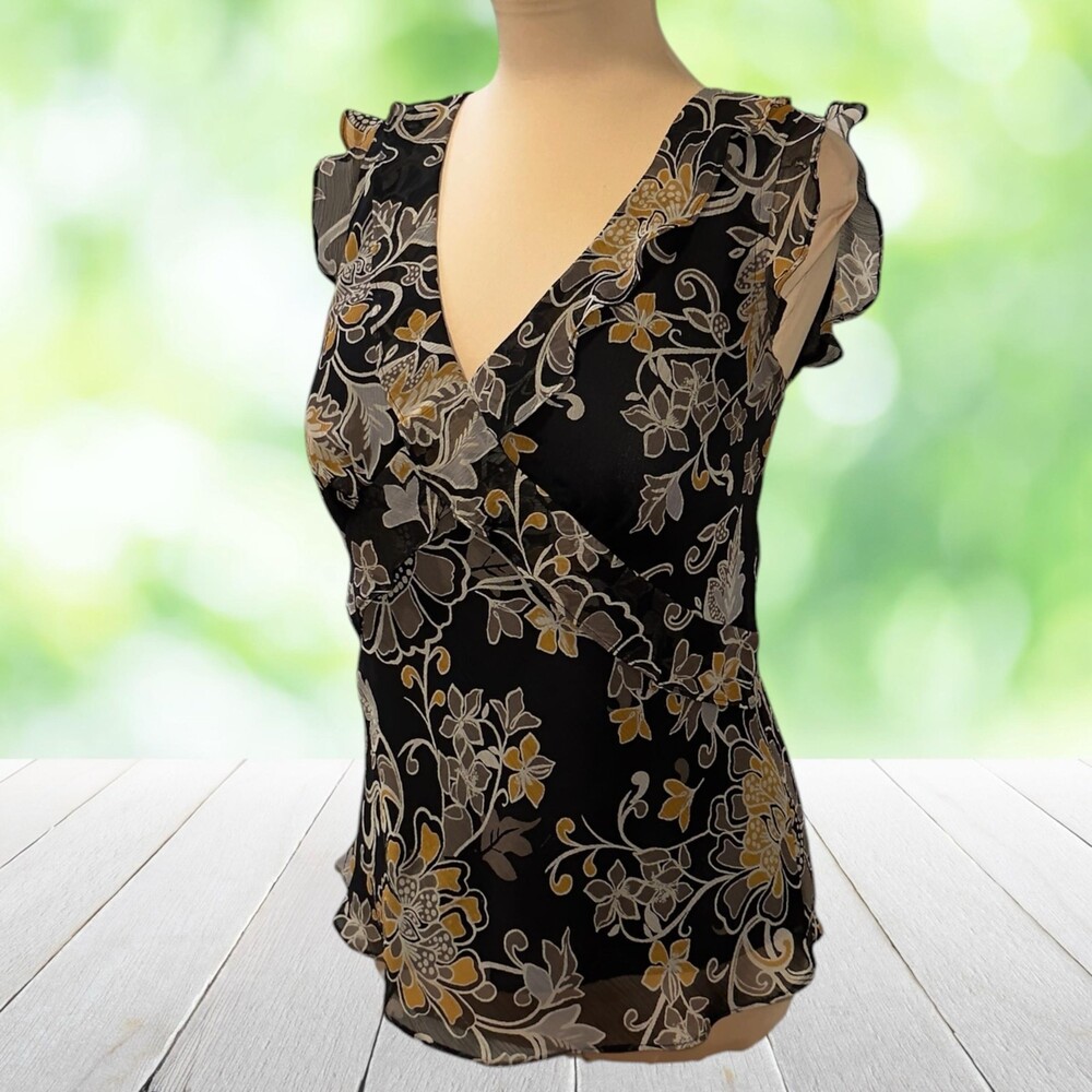 Vtg RAFAELLA Babydoll Blouse Floral Chiffon Ruffle Flutter Sleeve Lined Size 10